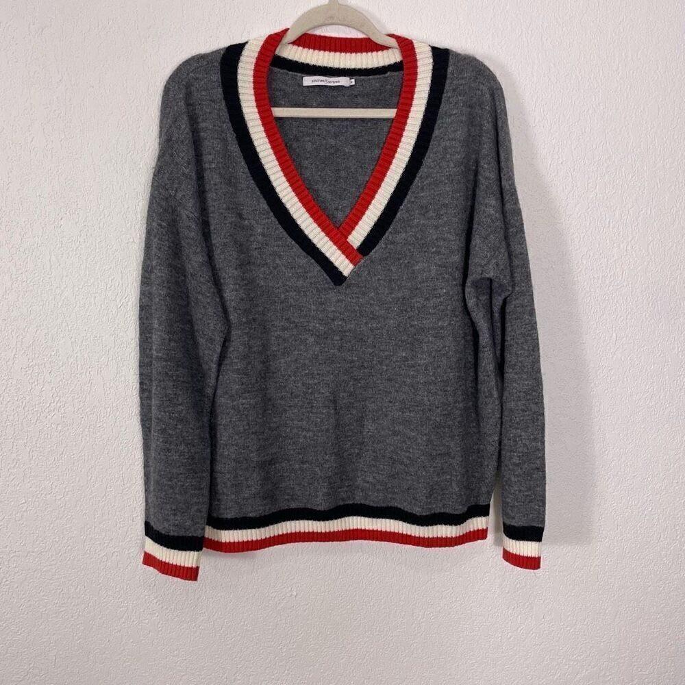 Stitches & Stripes Grey w/ Red, White, & Black Striped V Neck Sweater XL